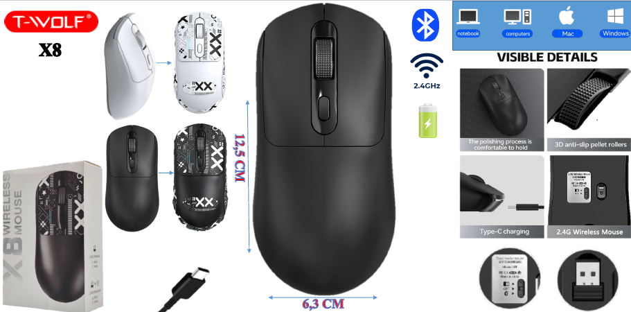 Souris WOLF Wireless X8 Rechargable+Bluetooth+ RGB
